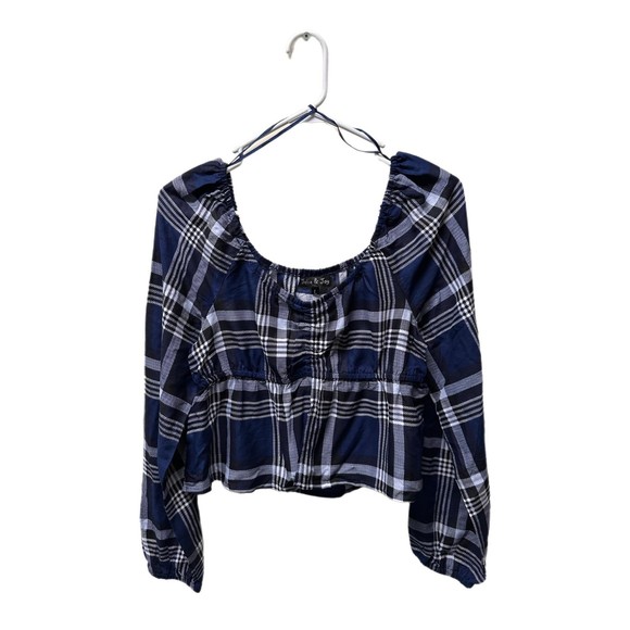 Jolie & Joy Long Sleeve Blue Drawstring Plaid Crop Top, Large, NWT - Picture 2 of 6
